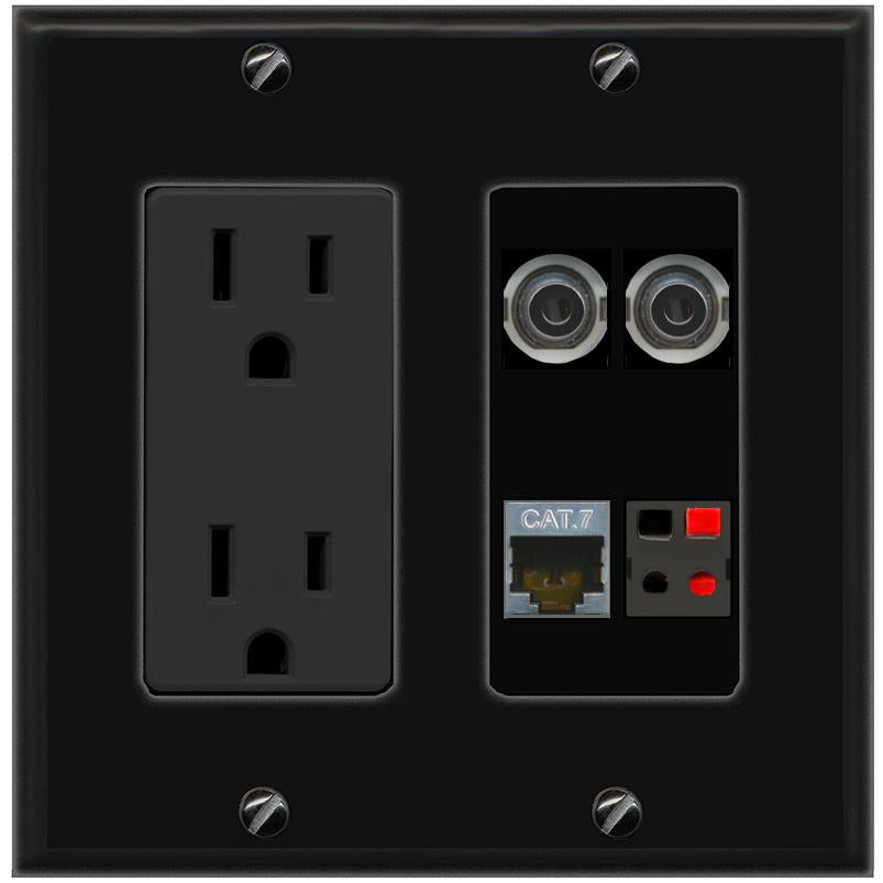 RiteAV 2 3.5mm CAT7 SPEAKER Wall Plate with 15A Power Outlet [Black]