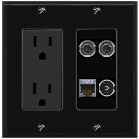 RiteAV 2 3.5mm CAT7 TOSLINK Wall Plate with 15A Power Outlet [Black]