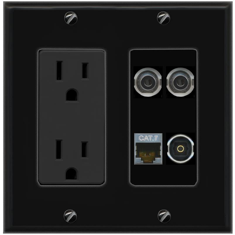 RiteAV 2 3.5mm CAT7 TOSLINK Wall Plate with 15A Power Outlet [Black]