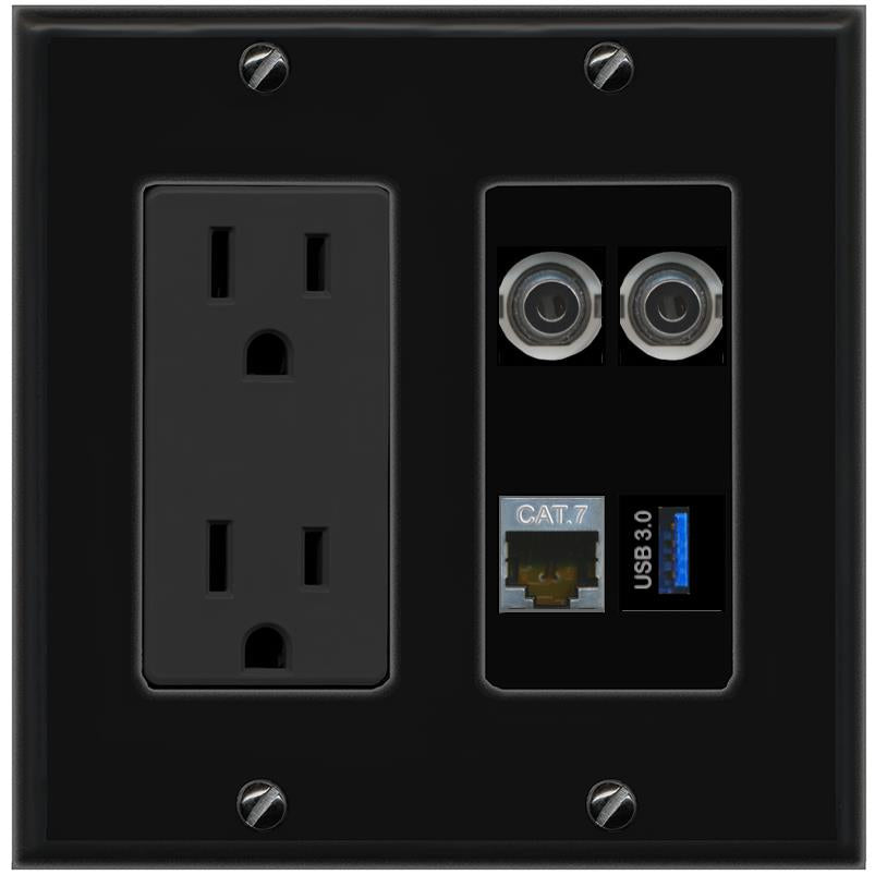 RiteAV 2 3.5mm CAT7 USB-3 Wall Plate with 15A Power Outlet [Black]