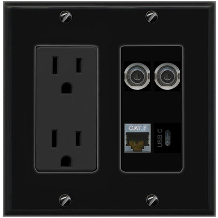 RiteAV 2 3.5mm CAT7 USBC Wall Plate with 15A Power Outlet [Black]