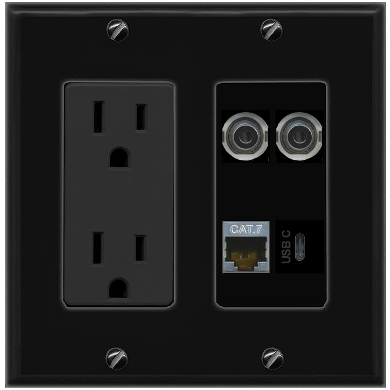 RiteAV 2 3.5mm CAT7 USBC Wall Plate with 15A Power Outlet [Black]