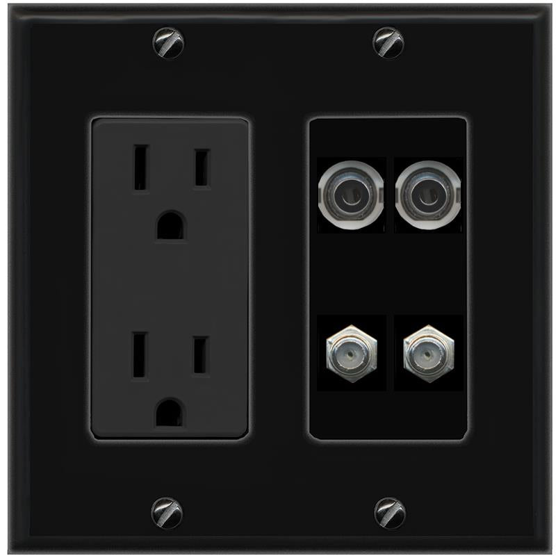 RiteAV 2 3.5mm 2 COAX Wall Plate with 15A Power Outlet [Black]