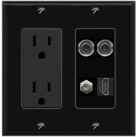 RiteAV 2 3.5mm COAX HDMI Wall Plate with 15A Power Outlet [Black]