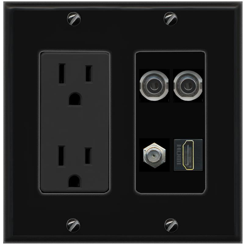 RiteAV 2 3.5mm COAX HDMI Wall Plate with 15A Power Outlet [Black]