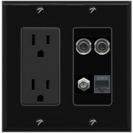 RiteAV 2 3.5mm COAX PHONE Wall Plate with 15A Power Outlet [Black]