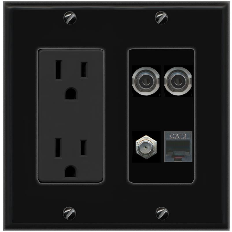 RiteAV 2 3.5mm COAX PHONE Wall Plate with 15A Power Outlet [Black]