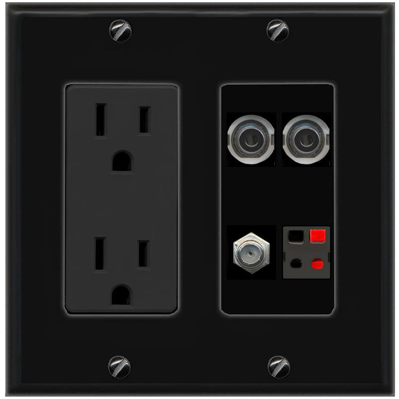 RiteAV 2 3.5mm COAX SPEAKER Wall Plate with 15A Power Outlet [Black]