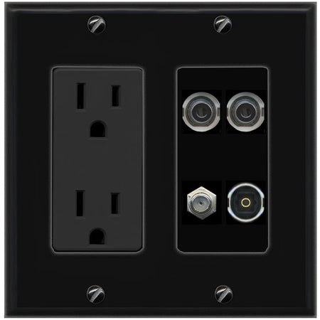 RiteAV 2 3.5mm COAX TOSLINK Wall Plate with 15A Power Outlet [Black]