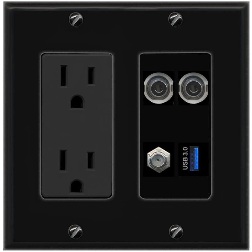 RiteAV 2 3.5mm COAX USB-3 Wall Plate with 15A Power Outlet [Black]
