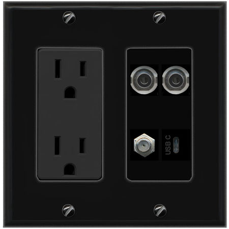 RiteAV 2 3.5mm COAX USBC Wall Plate with 15A Power Outlet [Black]