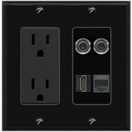 RiteAV 2 3.5mm HDMI PHONE Wall Plate with 15A Power Outlet [Black]