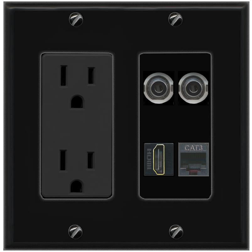 RiteAV 2 3.5mm HDMI PHONE Wall Plate with 15A Power Outlet [Black]