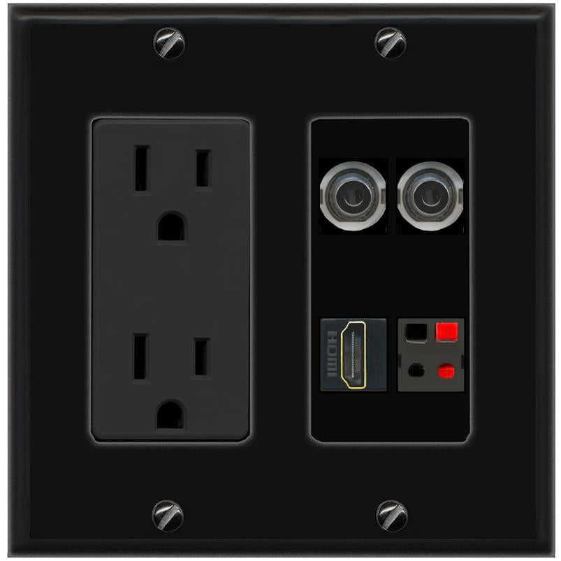 RiteAV 2 3.5mm HDMI SPEAKER Wall Plate with 15A Power Outlet [Black]