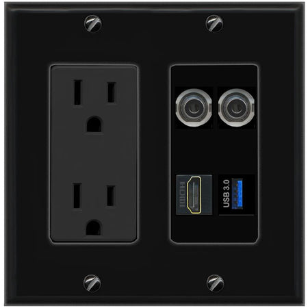 RiteAV 2 3.5mm HDMI USB-3 Wall Plate with 15A Power Outlet [Black]