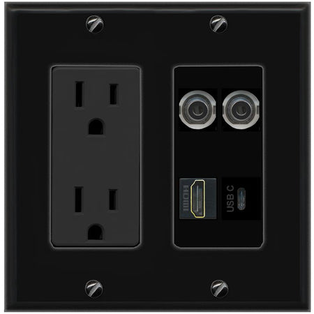 RiteAV 2 3.5mm HDMI USBC Wall Plate with 15A Power Outlet [Black]