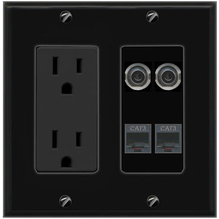 RiteAV 2 3.5mm 2 PHONE Wall Plate with 15A Power Outlet [Black]