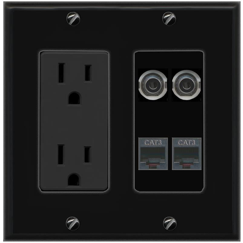 RiteAV 2 3.5mm 2 PHONE Wall Plate with 15A Power Outlet [Black]