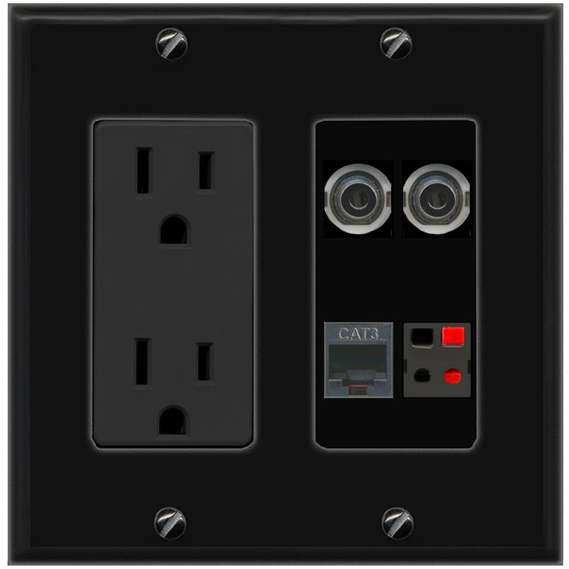 RiteAV 2 3.5mm PHONE SPEAKER Wall Plate with 15A Power Outlet [Black]
