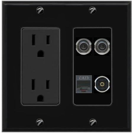 RiteAV 2 3.5mm PHONE TOSLINK Wall Plate with 15A Power Outlet [Black]