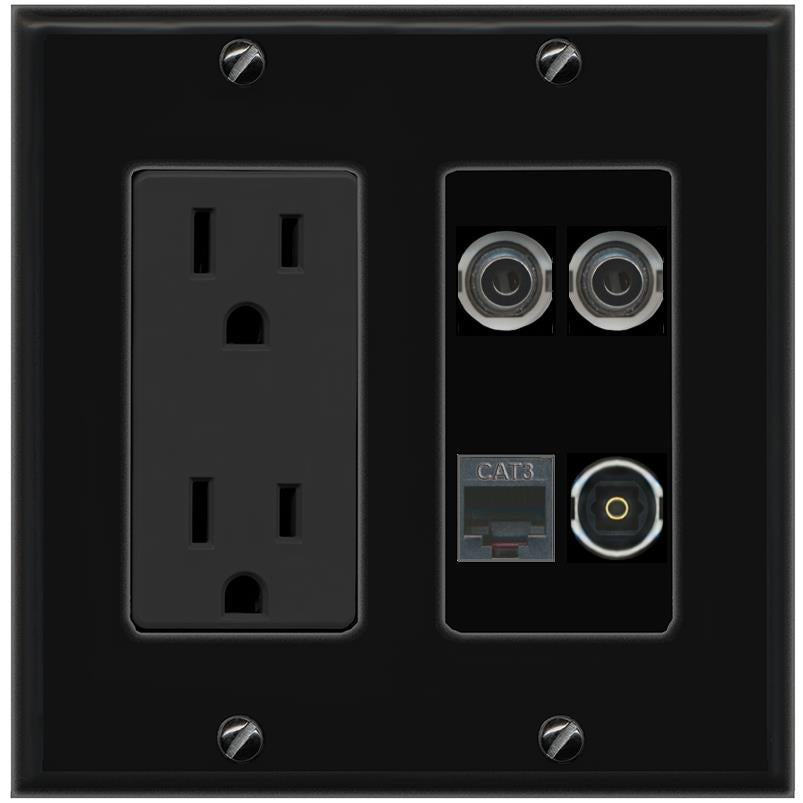 RiteAV 2 3.5mm PHONE TOSLINK Wall Plate with 15A Power Outlet [Black]