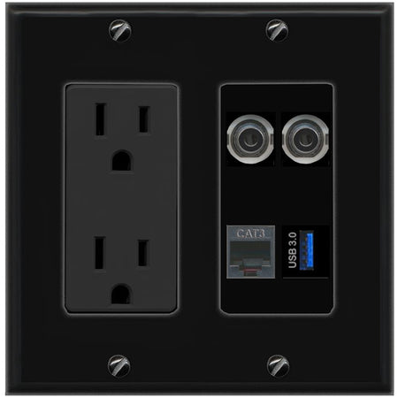 RiteAV 2 3.5mm PHONE USB-3 Wall Plate with 15A Power Outlet [Black]