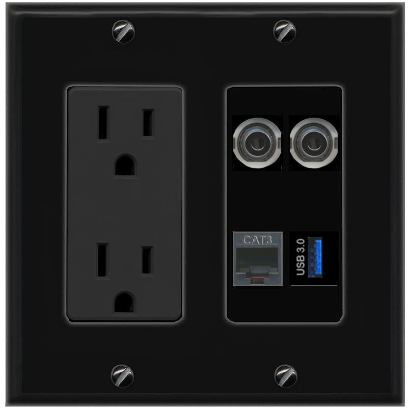 RiteAV 2 3.5mm PHONE USB-3 Wall Plate with 15A Power Outlet [Black]