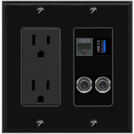 2 3.5mm PHONE USB-3 Wall Plate [Black]
