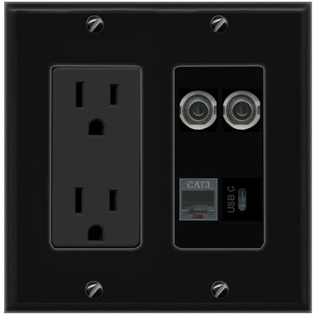RiteAV 2 3.5mm PHONE USBC Wall Plate with 15A Power Outlet [Black]