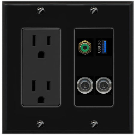 2 3.5mm RCA-GREEN USB-3 Wall Plate [Black]