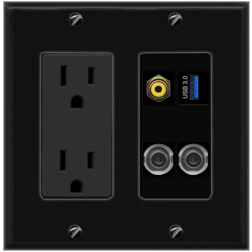 2 3.5mm RCA-YELLOW USB-3 Wall Plate [Black]