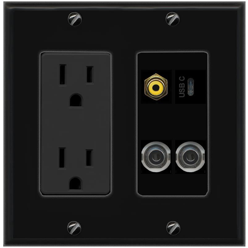 2 3.5mm RCA-YELLOW USBC Wall Plate [Black]