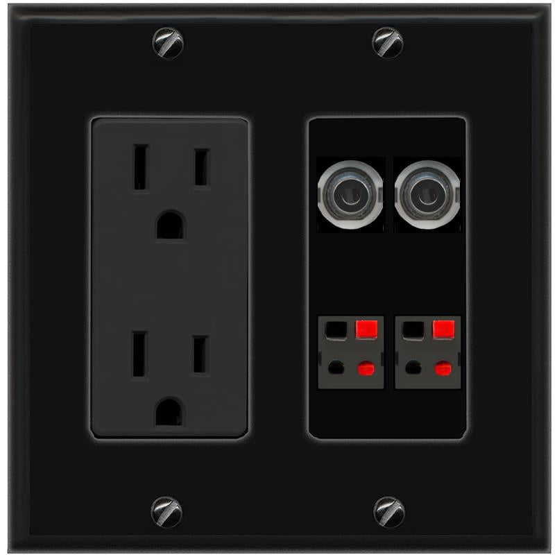 RiteAV 2 3.5mm 2 SPEAKER Wall Plate with 15A Power Outlet [Black]
