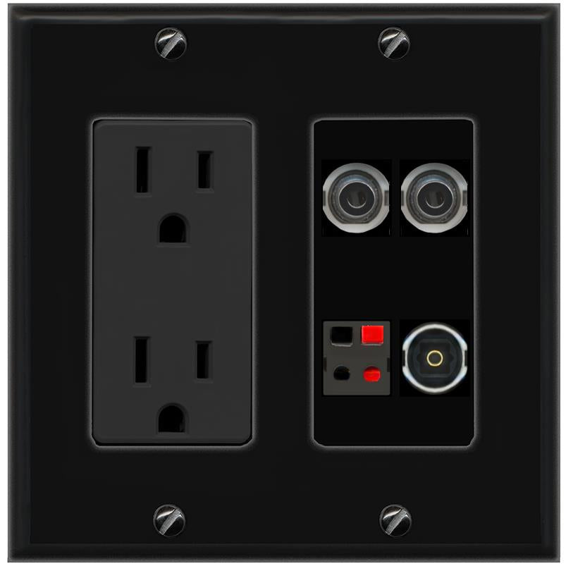 RiteAV 2 3.5mm SPEAKER TOSLINK Wall Plate with 15A Power Outlet [Black]