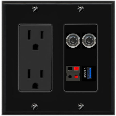 RiteAV 2 3.5mm SPEAKER USB-3 Wall Plate with 15A Power Outlet [Black]
