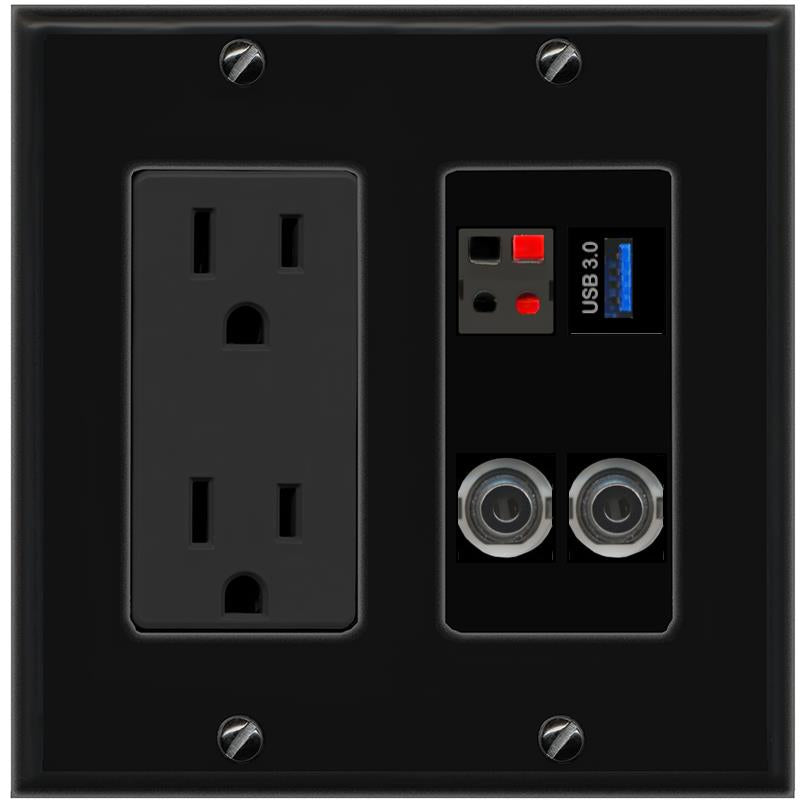 2 3.5mm SPEAKER USB-3 Wall Plate [Black]