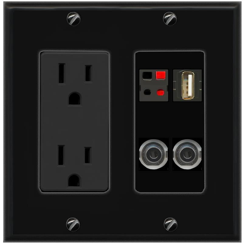 2 3.5mm SPEAKER USB2 Wall Plate [Black]