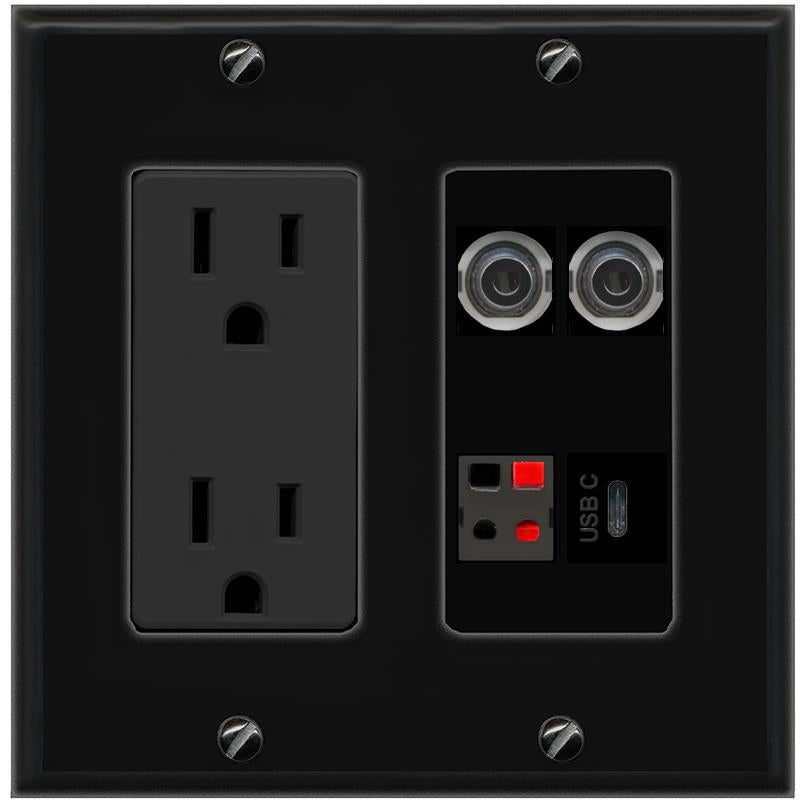 RiteAV 2 3.5mm SPEAKER USBC Wall Plate with 15A Power Outlet [Black]