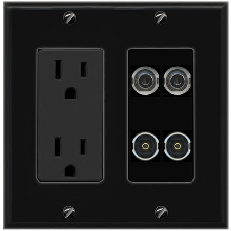 RiteAV 2 3.5mm 2 TOSLINK Wall Plate with 15A Power Outlet [Black]