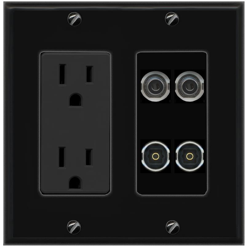 RiteAV 2 3.5mm 2 TOSLINK Wall Plate with 15A Power Outlet [Black]