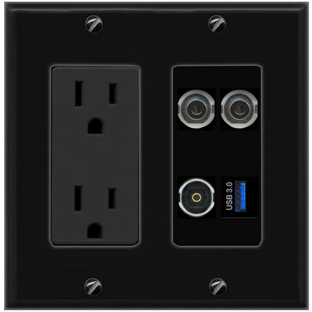 RiteAV 2 3.5mm TOSLINK USB-3 Wall Plate with 15A Power Outlet [Black]