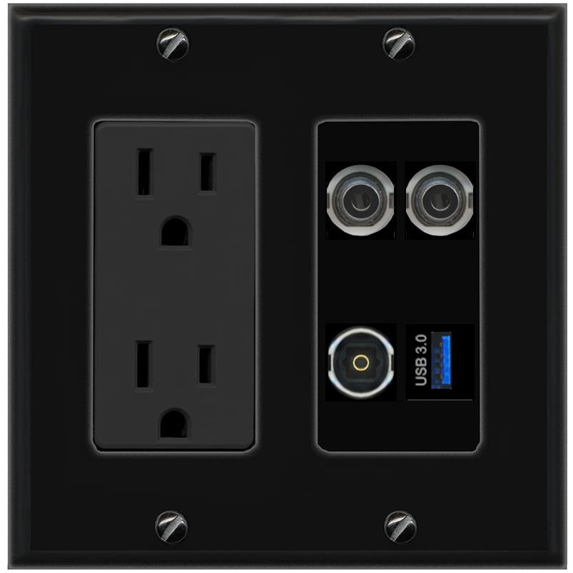 RiteAV 2 3.5mm TOSLINK USB-3 Wall Plate with 15A Power Outlet [Black]