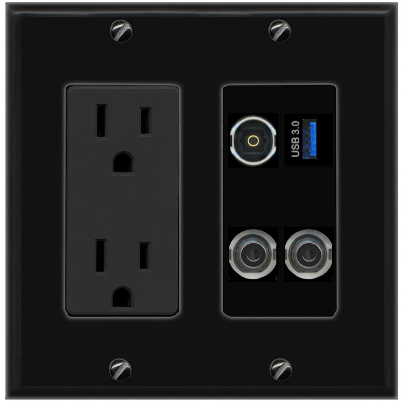 2 3.5mm TOSLINK USB-3 Wall Plate [Black]