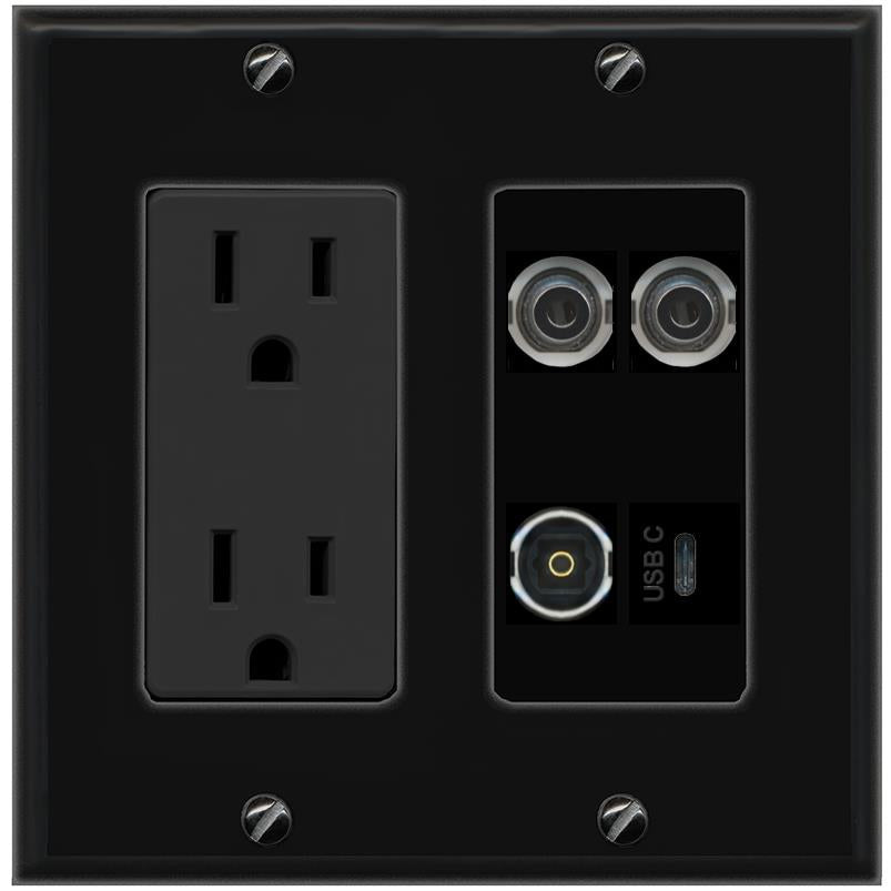 RiteAV 2 3.5mm TOSLINK USBC Wall Plate with 15A Power Outlet [Black]