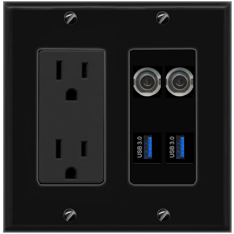 RiteAV 2 3.5mm 2 USB-3 Wall Plate with 15A Power Outlet [Black]