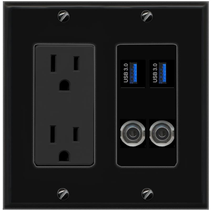 2 3.5mm 2 USB-3 Wall Plate [Black]