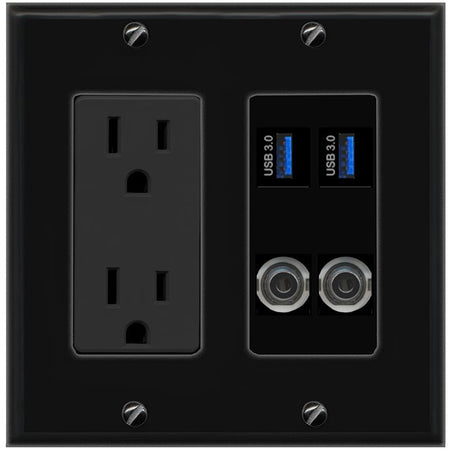 2 3.5mm 2 USB-3 Wall Plate [Black]