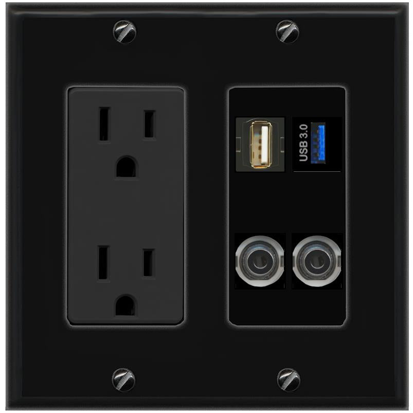 2 3.5mm USB-3 USB2 Wall Plate [Black]