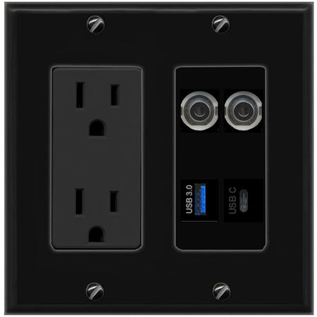 RiteAV 2 3.5mm USB-3 USBC Wall Plate with 15A Power Outlet [Black]