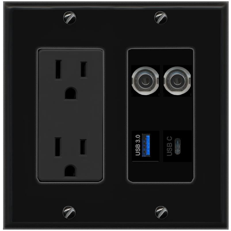 RiteAV 2 3.5mm USB-3 USBC Wall Plate with 15A Power Outlet [Black]